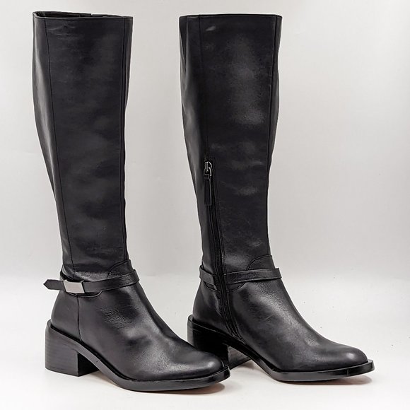 Linea Paolo Women Kamile Black Leather Wide Calf Buckle Knee Riding Boots 6.5WC - Picture 1 of 11